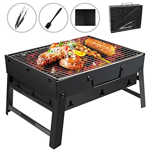 Gifort Portable Grill, BBQ Holzkohlegrill Tragbar Mini Grill mit Rostfreier Stahl BBQ Drahtgeflecht Faltbare Mini Holzkohlegrill BBQ für Outdoor Garten Camping Party Beach Barbecue (Schwarz)