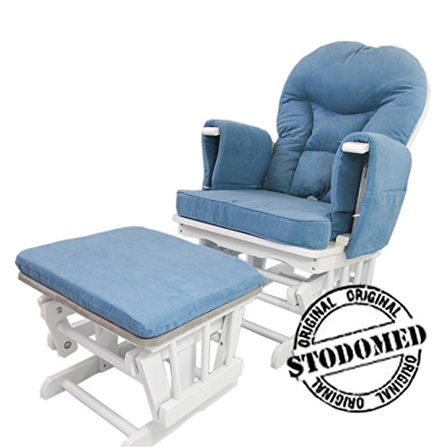 STODOMED Glider Stillstuhl Schaukelstuhl + Hocker mit Schaukelfunktion verstellbare Lehne + Polster in BLAU Relaxstuhl TV Sessel