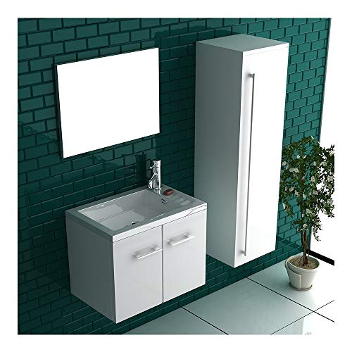 bad1a Badmöbel Set mit Waschbecken aus Mineralguss, Unterschrank und Design-Spiegel mit Softclose-Funktion/Farbe Hochglanz weiß