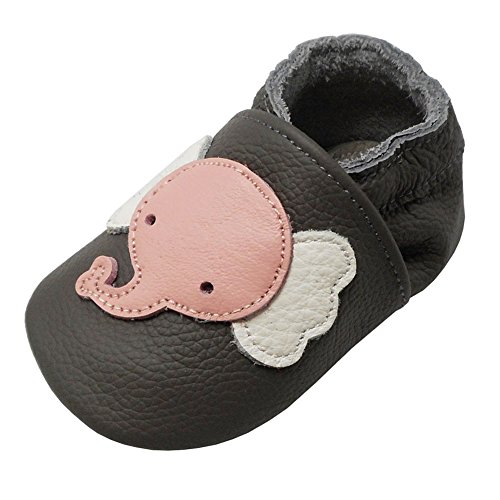 Yalion Baby Weiche Leder Lauflernschuhe Krabbelschuhe Hausschuhe Lederpuschen Elefant Dunkelgrau (12-18 Monate, Dunkelgrau)