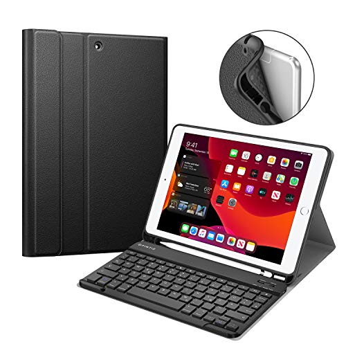 Fintie Tastatur Hülle für iPad 10.2 Zoll 2019, Soft TPU Rückseite Gehäuse Keyboard Case mit Pencil Halter, magnetisch Abnehmbarer drahtloser Bluetooth Tastatur mit QWERTZ Layout, Schwarz