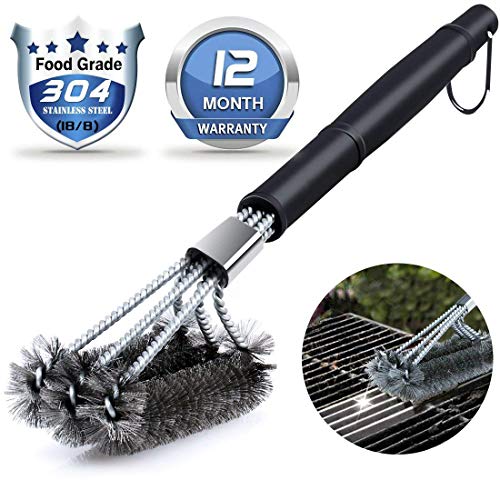 Qomolo Grillbürste 3 in 1 Grill Reinigungsbürste aus Edelstahl 360°Reinigung Langer Griff für Outdoor Garten Barbecue
