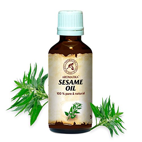 Sesam Öl, kaltgepresst und raffiniert, 100% naturreines und reines 50 ml, Sesamöl, Glasflasche, Basisöl, Mexican, reich an Vitaminen, Mineralien und Vitamin E, Körperöl, intensive Pflege für Gesicht, Körper, Haare, Haut, Nägel, Hände, Anti-Falten /Anti-Aging, rein verwendet, gut mit ätherischem Öl / für Schönheit / Beauty /Aromatherapie / Entspannung / Massage / Wellness / Kosmetik / Körperpflege / Entspannung / Sesame Oil von AROMATIKA
