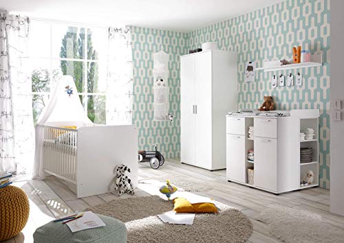 lifestyle4living Babyzimmer, Kinderzimmer, Komplett-Set, Babymöbel, Einrichtung, Junge, Mädchen, Kleiderschrank, Wickelkommode, Babybett, Weiß