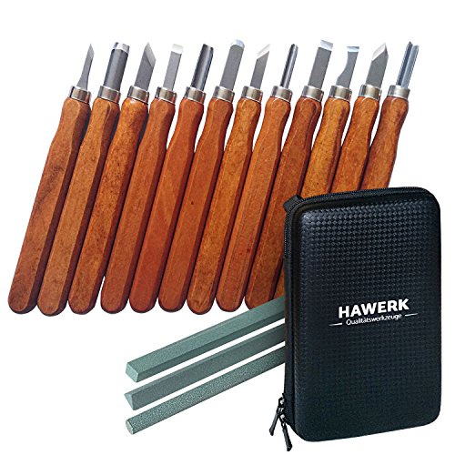 Holz-Schnitzwerkzeug Set für Profis und Anfänger | 12 tlg. + 3 Schleifsteine + Tasche | von Hawerk