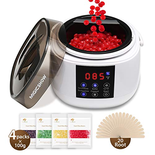 MIGICSHOW Wax Warmer, Haarentfernung Wachs Wachswärmer für Hände, Beine, Gesicht usw. Wachsgerät mit LCD Temperaturanzeige 500ml Wachserhitzer inkl. 400 g Wachsperlen und 20 Holzspatel