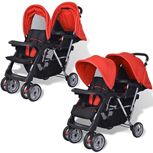 Galapara Kombikinderwagen Geschwisterwagen, klappbar Geschwisterkinderwagen Zwillingswagen Kinderwagen Buggy Zwillingsbuggy aus Stahl + Oxfordgewebe für 1-2 Kinder bis zu je 15kg - rot und schwarz