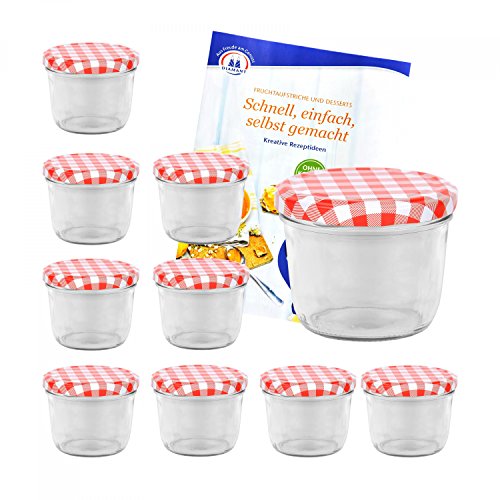 MamboCat 10er Set Sturzgläser 230 ml mit rot weiß kariertem Deckel To 82 inkl. Diamant Gelierzauber Rezeptheft Marmeladengläser Einmachgläser Einweckgläser