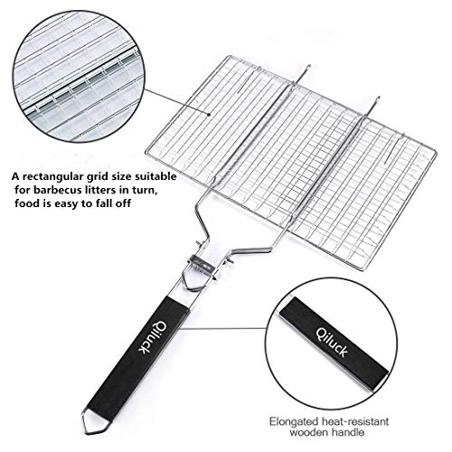 Qiluck Grillkorb tragbar und faltbar 430 Edelstahl BBQ Grillkorb Roast Grillrost Grill Basket für Fisch, Gemüse, Steak, Garnelen mit abnehmbarem Holzgriff und einfach Tragetasche