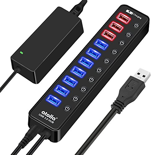 atolla USB Hub Aktiv 3.0 mit Netzteil 7 Ports USB 3.0 Hub aktiver SuperSpeed Datenhub & 4 intelligentes Ladegerät Ports USB Splitter mit Integrierte Einzelnen Ein/Aus-Taste un 12V/4A Netzteil