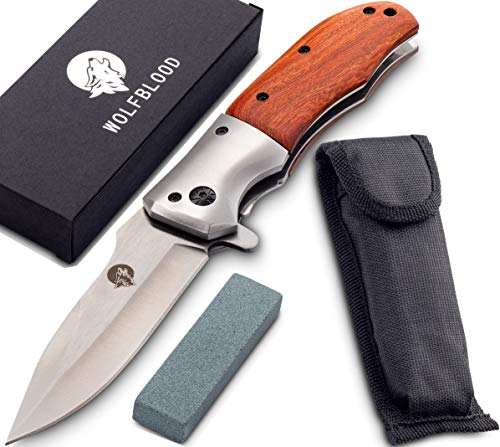 Wolfblood Klappmesser - extra scharfes Taschenmesser mit Schleifstein und Gürteltasche - Outdoor Messer aus speziell gehärteter Edelstahlklinge und Edelholzgriff - Zweihandmesser