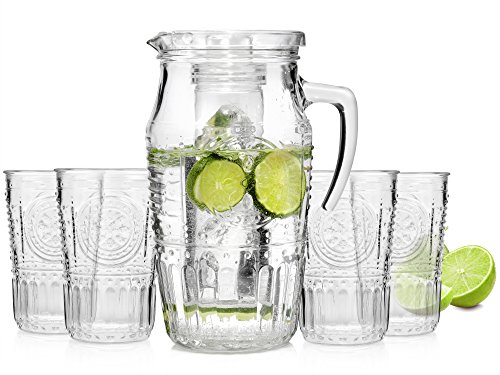Bluespoon Karaffe mit Gläsern 5 teilig | Wasserkaraffe | Füllmenge Karaffe 1,6 L | Füllmenge Gläser 340 ml | Dank Eiseinsatz genießen Sie immer kalte Getränke