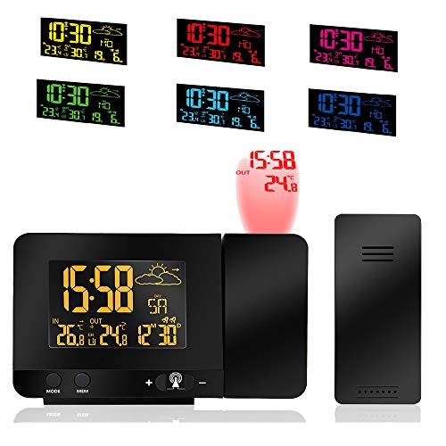FORNORM Projektionswecker Funk mit Netzteil Außensensor, Projektionswecker mit Temperatur & Zeit Farbdisplay, Monat, Datum, Woche, Dual Alarm Snooze Funktion, 120°Drehbare Projektion