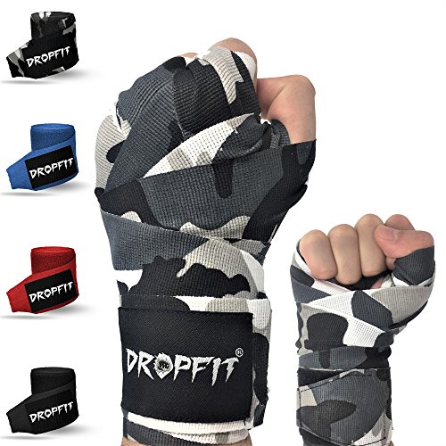 DROPFIT Boxbandagen mit Daumenschlaufe (4m) inkl Stofftasche - Halb-Elastische Boxbandage mit Extra Breitem Klettverschluss - Bandagen für Kampfsport (Camouflage)