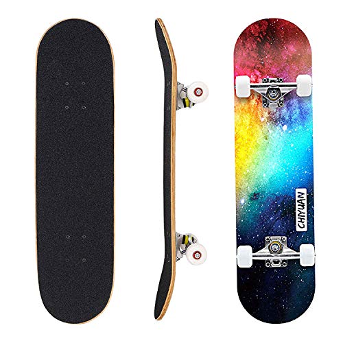 Eseewin Skateboard 7 Ebenen Decks 31'x 8' Pro Komplettes Skateboard Ahornholz Longboards für Jugendliche Erwachsene Anfänger Mädchen Jungen Kinder（Nebulae）