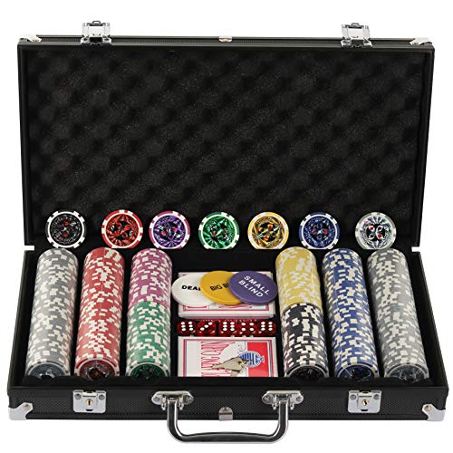 Display4top Pokerkoffer 300 Chips Laser Pokerchips Poker 12 Gramm , 2 Karten, Händler, Small Blind, Big Blind Tasten und 5 Würfel, Schwarz mit Aluminium-Gehäuse