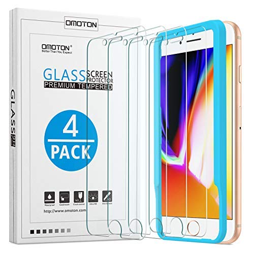 [4 Stück] OMOTON Panzerglas Schutzfolie kompatibel für iPhone 8/7/ 6/ 6s, mit Schablone, 9H Härte, Anti-Kratzen, Anti-Öl, Anti-Bläschen