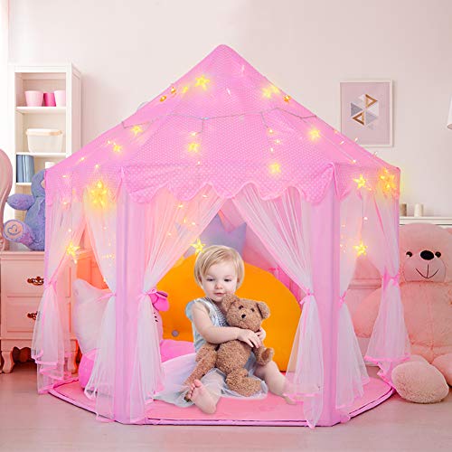RenFox Castle Kinder Spielzelt, Mädchen Hexagon Prinzessin Schloss Haus Palast Zelte Kinder Spielhaus mit Sternenlicht, Spielzelt Tipi Zelt für Kinder (LED Farbe Lichterketten als Geschenke, Pink)