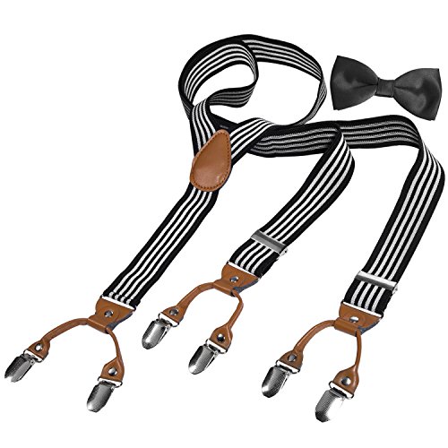 HBF Hosenträger mit den 6 starken Clips und Fliege KIT mehrfarbig elastisch Y-formoig Länge für Damen und Herren Playshoes in verschiedenen Designs (Gestreift)