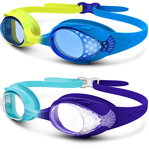 Kinder Schwimmbrille, OutdoorMaster lustige Fisch-Stil Schwimmbrille für Kinder (4-12 Jahre), lecksicher Schwimmbrille für Jungen Mädchen, Anti-Fog & UV Schutz & Schnell zu verstellen (1/2er Pack) (2 Pack Blau/Gelb + Dunklblau/Hellblau)