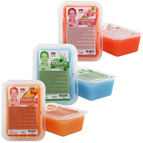 Kosmetex Paraffinbad Mix Paket Pfirsich, Aloe Vera, Rosa-Rose Duft, Paraffin-wachs mit niedrigeren Schmelzpunkt, 6x 500ml Mixpaket
