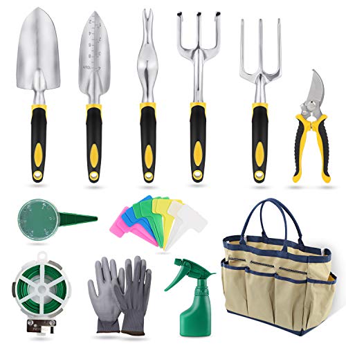 Yissvic Gartenwerkzeug Set 12-teiliges Gartengeräte Set Gartenschere Gartenhandschuhe Gartentasche und Garten-Sprüher aus Edelstahl Gelb(Verpackung MEHRWEG)