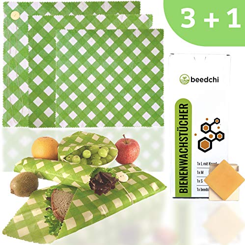 beedchi Bio Bienenwachstücher 3er Set | Inkl. Reparaturwachs | Wachstücher für Lebensmittel | Wiederverwendbare Wachstuch Frischhaltefolie | Beeswax wrap | Zero Waste