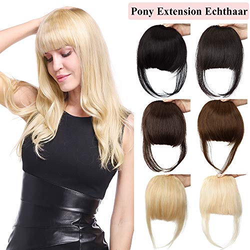 TESS Pony Haarteil Blond Clip in Extensions Echthaar Bang Haarverlängerung günstig Glatt mit 2 Clips Dicke Franse Haar 23g