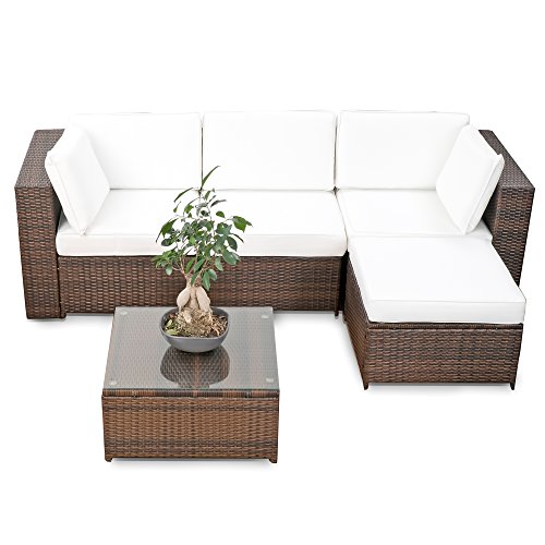 erweiterbares 15tlg. Balkon Polyrattan Lounge Ecke - braun - Sitzgruppe Garnitur Gartenmöbel Lounge Möbel Set aus Polyrattan - inkl. Lounge Sessel + Ecke + Hocker + Tisch + Kissen