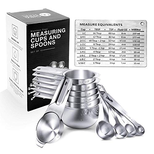15 Stück Messlöffel, Messbecher Set - Premium Edelstahl - 6 Messbecher & 6 Messlöffel (Gravierten Markierungen) +2 D-Ringen, Magnet Umrechnungstabelle - Kochen Backen Küche, Weihnachtsgeschenk