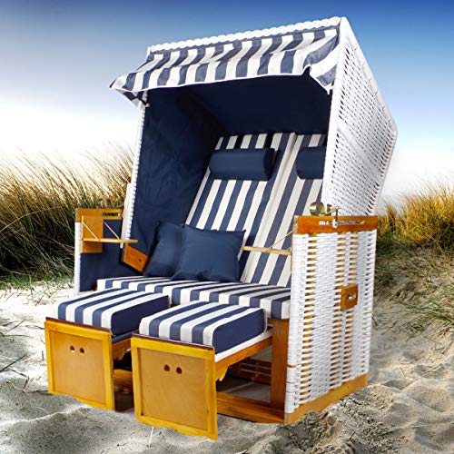 BRAST Strandkorb Nordsee XXL Volllieger Blau Weiß gestreift incl. Schutzhülle 2 Sitzer 120cm breit Gartenliege Sonneninsel Poly-Rattan