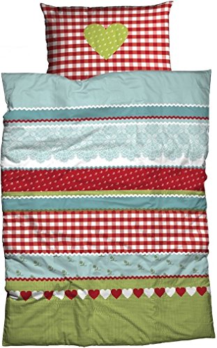 CASATEX Bettwäsche 'Herz-Karo' im Landhausstil, Renforcè, 135x200 cm + 80x80 cm, 2-tlg. Set, rot-grün