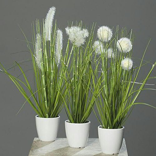 Kunstpflanze - Gras im Topf - 3 Stück - Höhe: 36cm - Farbe: Grün / Creme - Kunstgras / Tischdeko