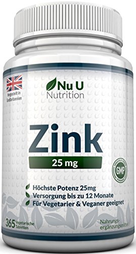 Zinkgluconat 25 mg - für Immunsystem, Haut, Haare & Nägel - 12 Monats-Versorgung für 1 Tablette pro Tag - leicht zu schlucken - 365 Tabletten - Nahrungsergänzungsmittel von Nu U Nutrition