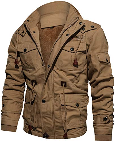 TACVASEN Winterjacke Herren Warme Dicke Jacke Fleece Thermojacke Cargo Work Arbeitsjacke Schwere Jacke Casual Baumwoll Jacke Fliegerjacke Bomberjacke Multi-Taschen Khaki