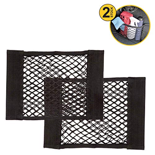 DEZENDO Premium Kofferraum Netztasche fürs Auto (2X) | Platzsparendes Autonetz für mehr Stauraum und Ordnung | Elastische Kofferraumtasche mit Klett-Befestigung | Gepäcknetz & Kofferraum Organizer