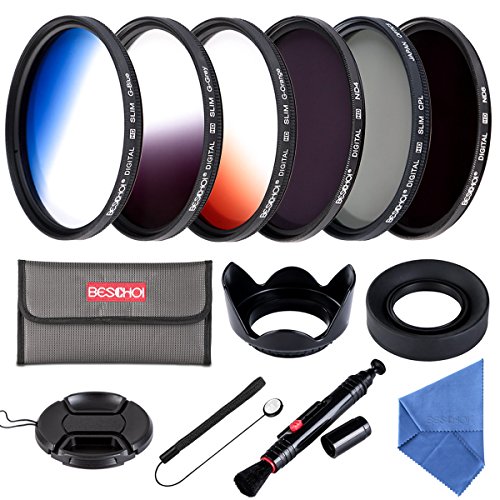 58MM Filter Set Beschoi 6Pcs Filter Kit (CPL+ND4+ND8)+ Verlauf Farbe Filter( Orange Blau Grau )+ Filter Zubehör Kit