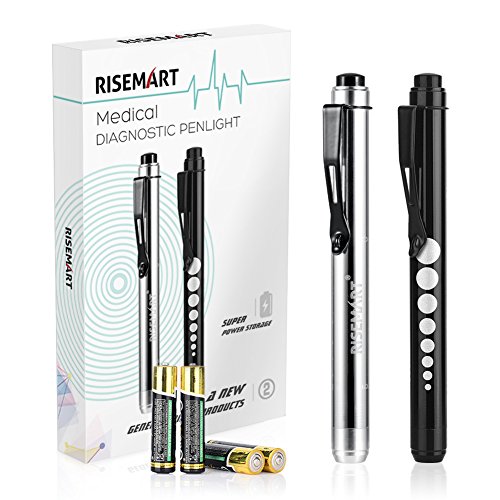 Penlight RISEMART Stiftlicht Diagnostikleuchte wiederverwendbare weißeLED-Stiftlampe mit Pupillenmessung als Doktor Stethoscope Healthcare Medizin Schüler Studenten (Schwarz & Silber mit Batterien)