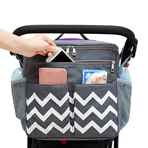 Conleke Kinderwagen Organizer, Universale Kinderwagentasche Buggy Organizer Hänge Tasche mit1 Schulterriemen, Unverzichtbares Kinderwagen-Zubehör(grau,welle）