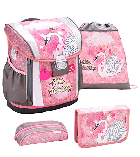 Belmil 404-20 Schulranzen Set 4 - teilig ergonomischer Schulranzen Größen verstellbar Mädchen 1. klasse 2. klasse 3. klasse - gepolsterter Hüftgurt und Brustgurt/Schwan Swan (Little Princess Swan)