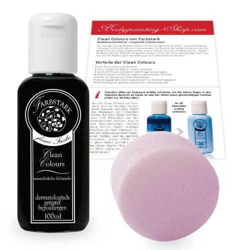 Farbstark Bodypainting Farben - hautfreundliche Körperfarbe in Profi Qualität (auch für Airbrush geeignet), Set: 100 ml Farbe Schwarz + Schminkschwamm