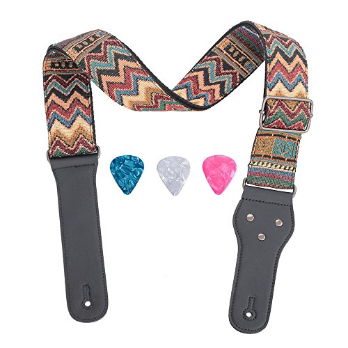 Rufun Gitarrengurt Retro Jacquard Weave Zubehör Einstellbare Länge für Basse E-Gitarre Akustische Gitarre, 3 Picks enthalten (Wellen Rot)