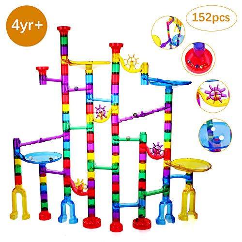 Ucradle Kugelbahn - 152pcs Mehrfarbige Murmelbahn Marble Run Set mit Bahnelementen und Glasmurmeln, STEM Lernspielzeug und Konstruktionspielzeug für Kinder Mädchen Jungen 4+