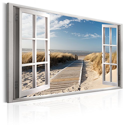 murando - Bilder Fensterblick 120x80 cm - Leinwandbilder - Fertig Aufgespannt - Vlies Leinwand - 1 Teilig - Wandbilder XXL - Kunstdrucke - Wandbild - Fenster Insel Meer See Strand Himmel a c-C-0179-b-a