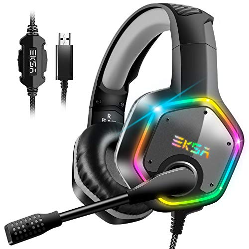 EKSA E1000 Gaming Headset für PS4 PC Xbox One, Over-Ear Gaming Kopfhörer mit 7,1 Surround Sound 50MM Treiber und Rauschunterdrückung Mikrofon, buntes RGB-Licht, für Laptop Mac Tablet (Schwarz)
