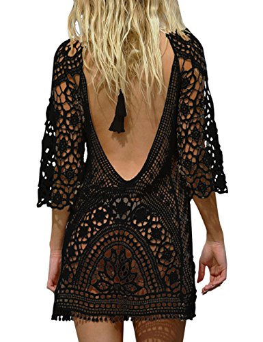 BaiShengGT Damen Boho Rückenfrei Spitze Bikini Cover Up Strandkleid Sommerkleid Schwarz One Size passt S-M