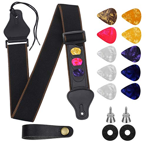 Dreamtop Gitarrengurt, Baumwolle, verstellbarer Gitarrengurt mit Gitarrengurt, Gurtschlösser und bunte Plektren, 16 Stück für Bass, E- und Akustikgitarre