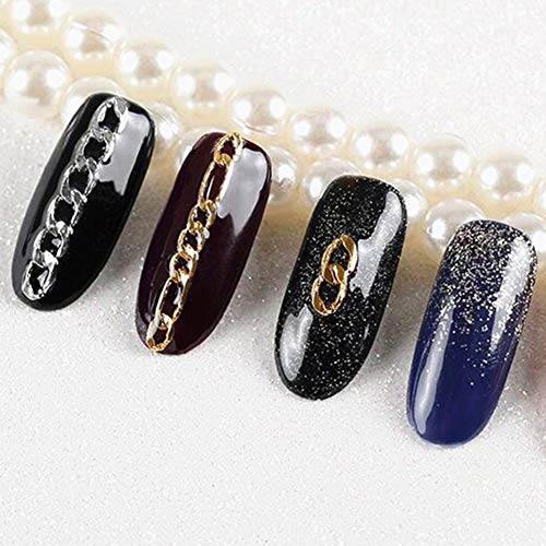 AchidistviQ Fashion 3D Metall Nail Art Kette Dekorationen Streifen Schmuck DIY Maniküre Werkzeug Nagelperlen Kette Nieten Nagelkette + Ellenbogen Pinzette Set 12 rechteckige Box Gold Multi