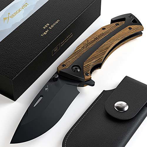 BERGKVIST Taschenmesser 3-in-1 K29 Tiger [2019] Knife I scharfes Messer I Outdoor Messer & Klappmesser mit Holzgriff I Schnitzmesser mit Schleifstein, Tasche & eBook