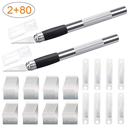 Gafild Hobbymesser, 2 Set Skalpell Ersatzklingen Bastelmesser Hobbymesser Set Edelstahl Hopfenmesser für DIY Art Work Cutting, Caving, Skulptur mit 80 Ersatzklingen für Cutter